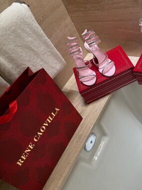Rene Caovilla Pink and White Strappy Heels
